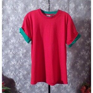 Vintage 80s T-Shirt 1980s Red & Green Layered Hipster Summer Retro Size Medium